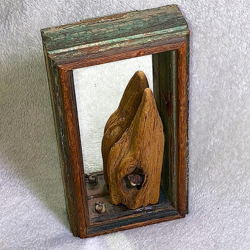 Vintage Driftwood and mice mirror art Handmade frame 8 1/4” x 4 1/4” rustic